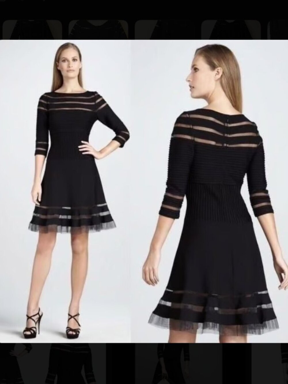 Tadashi Shoji Black Pintuck Sheer Mesh Illusion Fit Flare Dress M